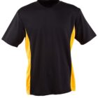 A black T-shirt with bright yellow side panels and short sleeves, displayed on a plain white background.