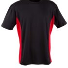 A black T-shirt with short sleeves featuring bold red side panels. The shirt has a round neckline and is displayed on a plain white background.