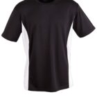 A black and white short-sleeve sports T-shirt with a plain, minimalist design. The shirt features black fabric with white side panels, creating a contrast. Its displayed on a white background.