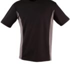 A short-sleeved, two-tone athletic shirt with a black front and gray side panels, displayed against a plain white background.
