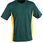 A green short-sleeve athletic shirt with yellow side panels on a white background.