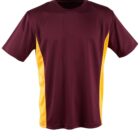 A maroon t-shirt with yellow side panels, displayed against a white background. The shirt has a simple, short-sleeved design.