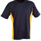 A black short-sleeve t-shirt with yellow side panels, displayed on a plain white background.