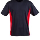 A black T-shirt with red side panels on a white background. The shirt features short sleeves and a round neckline.