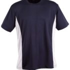A short-sleeved athletic T-shirt with a dark navy central panel and white side panels. The T-shirt is displayed on a plain white background.