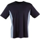 A short-sleeved shirt with a dark front and light blue side panels. The design is simple and sporty, with a round neckline and contrasting colors enhancing the aesthetic.