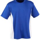 A blue short-sleeve T-shirt with white side panels on a plain background.