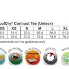 Size chart for TS12 Adults CoolDry Contrast Tee (Unisex), showing measurements in centimeters for sizes 2XS to 3XL. Includes features like CoolDry fabric, moisture wicking, antibacterial properties, UV protection (UPF 30+), quick dry, and breathable fabric.
