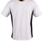 A plain white short-sleeve T-shirt with black side panels, displayed against a white background.