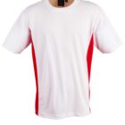 White T-shirt with short sleeves, featuring bright red side panels. It has a round neckline and a simple, sporty design. No visible logos or patterns.