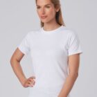 A person with long hair, wearing a plain white t-shirt and dark jeans, stands against a light gray background. They have one hand on their hip and the other relaxed by their side.