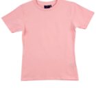 A plain light pink short-sleeve t-shirt is laid flat, showing the front side. The shirt has a simple round neckline and no visible patterns or logos.