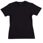A plain black short-sleeve T-shirt, displayed flat on a white background. The T-shirt has a round neckline and a simple design.