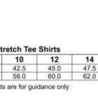 Size chart for TS15 Ladies’ Fitted Stretch Tee Shirts, available in sizes 8 to 18. Lists half chest and body length measurements in centimeters. Includes icons for UPF 50+ and cotton stretch fabric. Weight and size measurements are for guidance only.