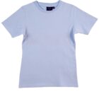 A plain light blue T-shirt with short sleeves and a round neckline, laid flat against a white background.