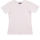 A plain white short-sleeve T-shirt with a round neckline displayed against a white background.