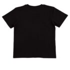 A plain black T-shirt laid flat on a white background, showing the back view. The T-shirt has short sleeves and no visible designs or logos.