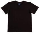 A plain black T-shirt on a white background. The shirt has short sleeves and a round neckline. There is a small tag visible inside the collar.