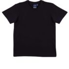 Plain black T-shirt with short sleeves and a round neckline, displayed against a white background.