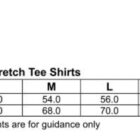 Size chart for mens fitted stretch tee shirts in modern fit. Includes sizes S to 2XL. Half chest measurements range from 52.0 to 60.0 cm, and body length from 66.0 to 74.0 cm. Features UPF50+ and cotton stretch fabric logos.