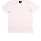 A plain white T-shirt is laid flat against a white background, showcasing its short sleeves and round neckline.