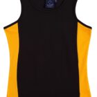 A sleeveless tank top with a black front and two vertical yellow side panels. It has a round neckline and appears to be made of a smooth, stretchy material.