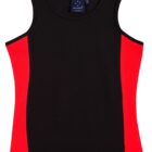 A sleeveless top with a black front panel and bright red side panels. The collar is round, and the top has a sporty appearance. A small, dark label is visible on the neck area.