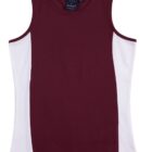 A sleeveless burgundy and white color-blocked tank top. The shirt has a solid burgundy front with white side panels.