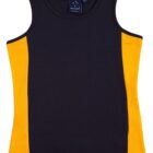 A sleeveless sports top with a dark blue body and bright yellow side panels.