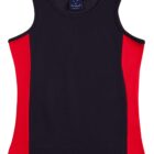 A sleeveless black tank top with red side panels, designed for athletic wear. It has a simple, fitted design suitable for exercise or casual wear.