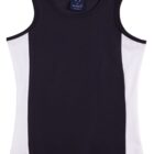 A sleeveless, two-toned tank top with a black front and white side panels. The top has a round neck and a fitted cut, suitable for casual or sports wear.