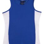 A blue sleeveless top with white side panels, laid flat. The top has a round neckline and is made of a smooth fabric.