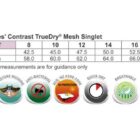 Sizing chart for TS17 Ladies Contrast TrueDry Mesh Singlet in sizes 8 to 18, showing measurements for half chest and body length. Features include TrueDry, moisture wicking, antibacterial, UV protection, quick dry, breathable, and easy care.