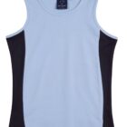 Sleeveless tank top with a light blue front and black side panels, displayed on a white background.