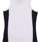 Sleeveless white tank top with black side panels, shown from the back on a plain white background. The design is simple and sporty, highlighting the contrasting colors.