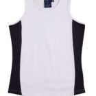 A sleeveless white tank top with black side panels is displayed on a plain white background.