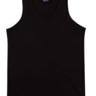 A plain black tank top on a white background. Its design is simple with a scoop neckline.