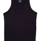 A plain black sleeveless tank top lies flat against a white background. The top features a simple design with a round neckline and is made from a smooth fabric.
