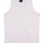 A plain white sleeveless tank top is laid flat. It has a simple round neckline and a label visible at the back.