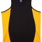 Sleeveless athletic jersey with a black center panel and bright yellow side panels, featuring a rounded neckline and a tag inside the collar.