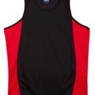 A black tank top with red side panels laid flat. It features a round neckline and sleeveless design.