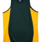 A sleeveless athletic jersey with a green front and bright yellow side panels. The design is simple with a round neckline, suitable for sports activities.