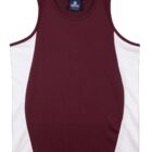 A sleeveless athletic shirt with a maroon front and white side panels, designed for comfort and breathability.