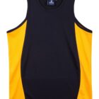 A sleeveless athletic jersey with a black center and bright orange panels on the sides.