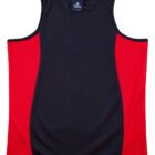 A sleeveless athletic tank top featuring a black front with red side panels. The neckline and armholes are bordered with black trim. The top is laid flat for display.