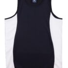 A sleeveless athletic tank top with a black front panel and white side panels, designed for sports or casual wear.