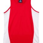 A sleeveless athletic tank top with a red front and white side panels. It has a round neckline and a tag on the inside back collar.