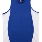 A sleeveless sports tank top with a royal blue center and white side panels. The neck and arm holes have blue trim, and there is a small black label on the inside back collar.