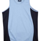 A sleeveless athletic tank top with light blue fabric on the front and wide black side panels. It features a round neckline and a relaxed fit.