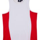 A sleeveless white tank top featuring bold red side panels and a round neckline.